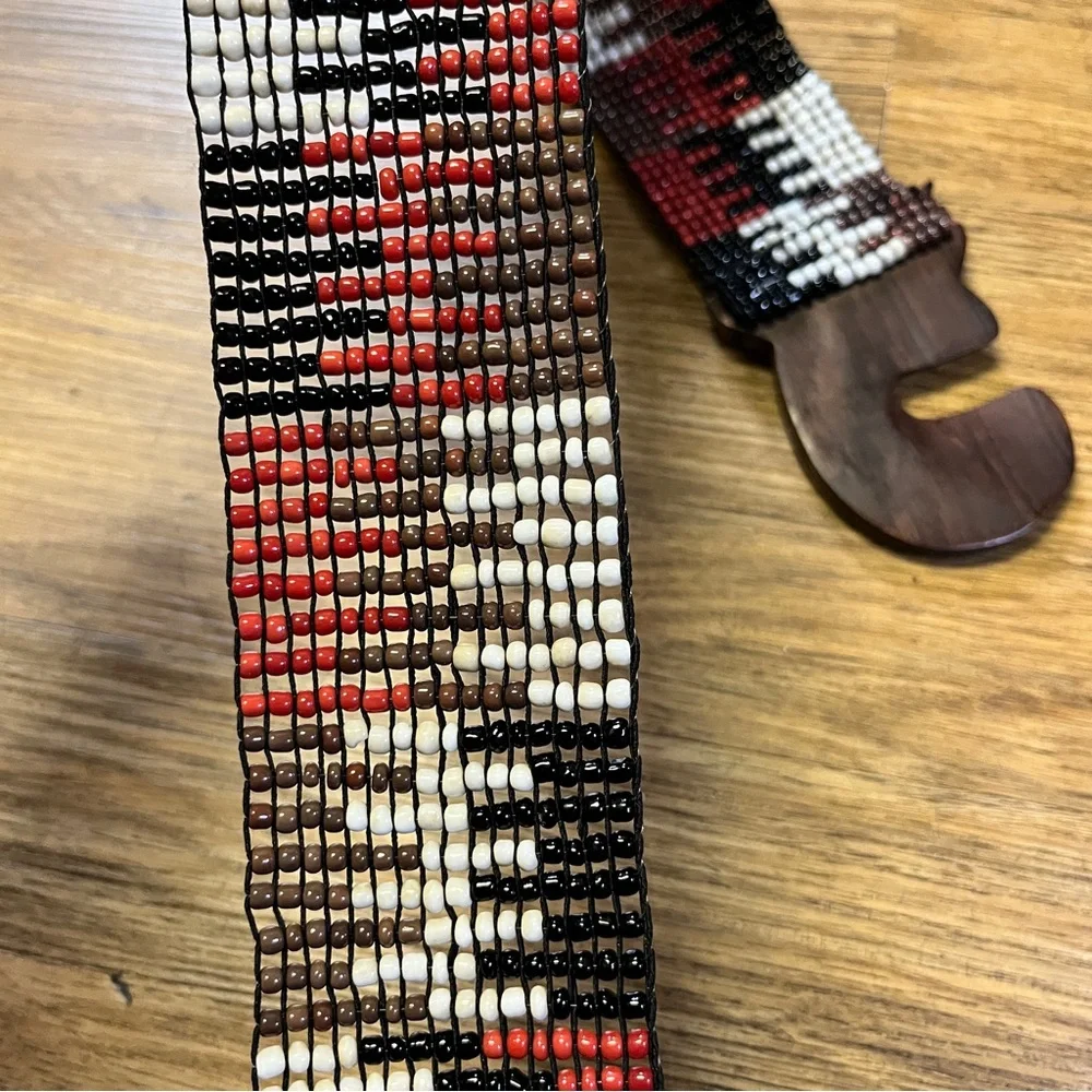 Boho Red Black Beaded Stretch Belt Wide Geometric Southwest Free People Festival